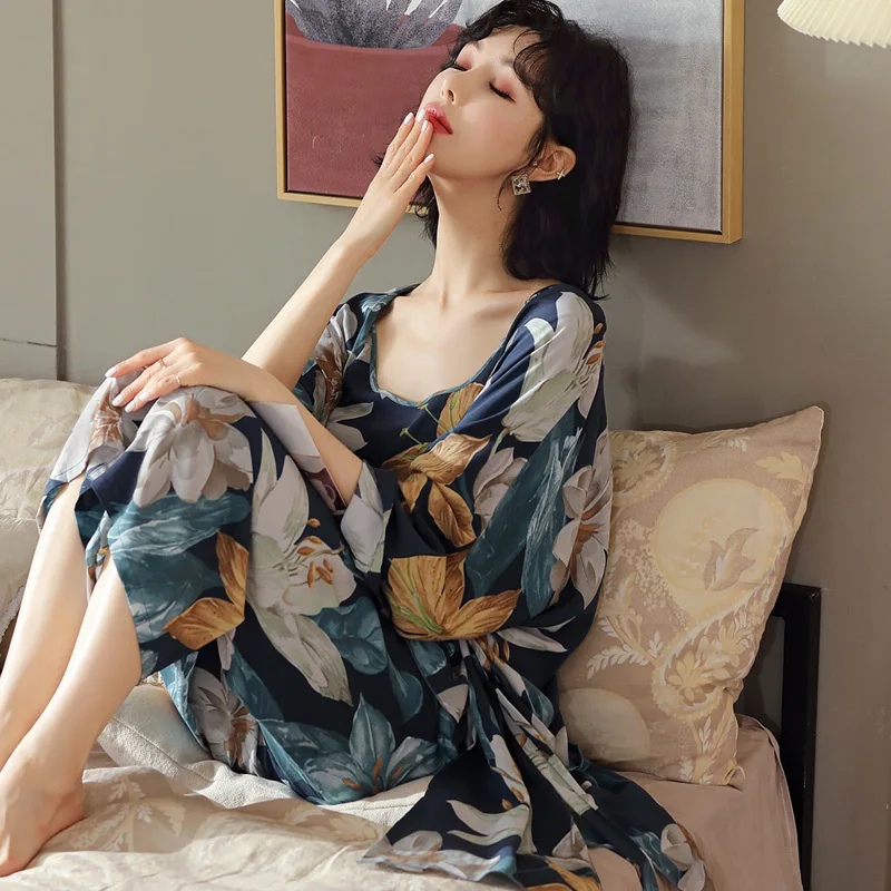 

Women Pajamas Set Viscose 3PCS Sleepwear Kimono Bathrobe Gown Loose Print Flower Nightwear Home Clothes Soft PJS Suit Lingerie