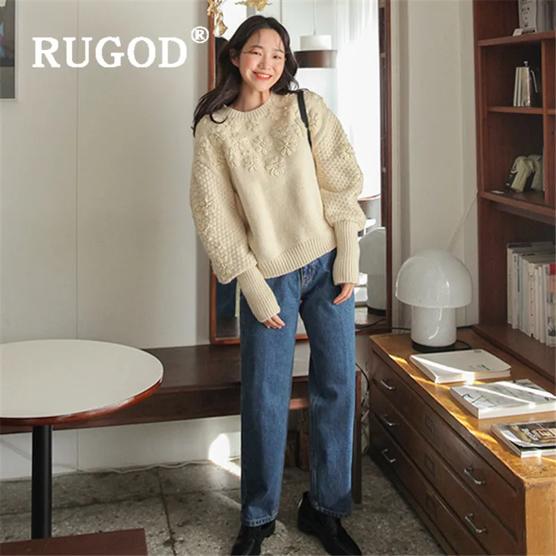 

RUGOD Knitted Sweater Embroidery Pullover Lantern Sleeve Jumper Winter Tops for Women Knitwear Korean Style Womens Sweaters 2020