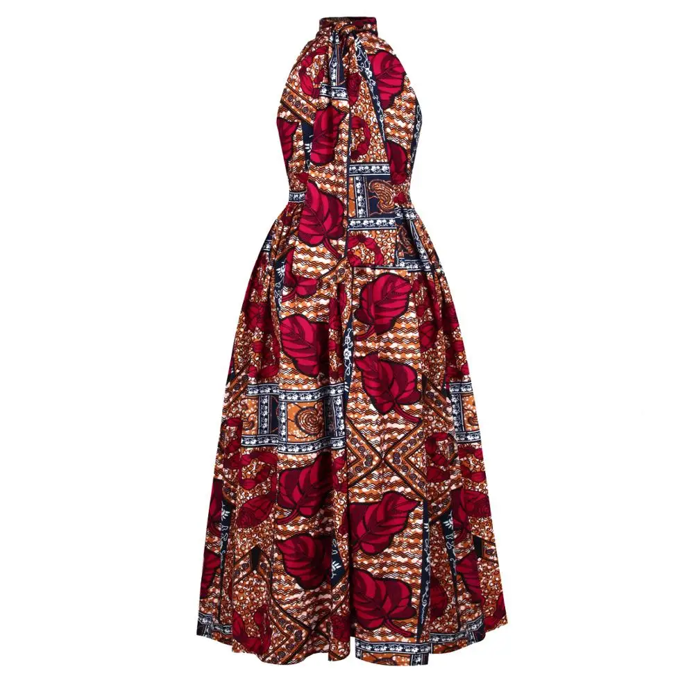 

New autumn African style digital printing zipper high neck sexy women's dress with tie halter neck skirt