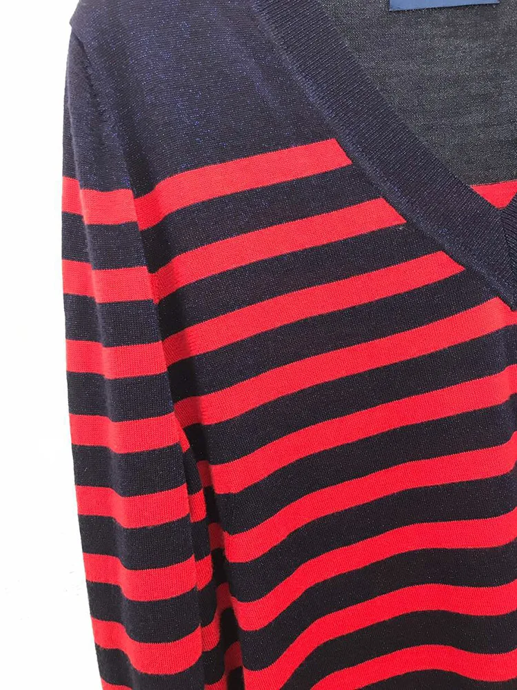 

Women Knitted Thin Sweater V-Neck Long Sleeve Metallic Yarn Stripes Jumper Knitwear Female Pullover Top Shoulder With Buttons