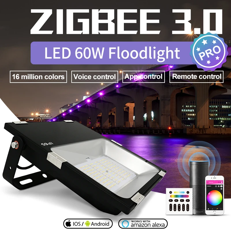 

ZigBee Pro 60W Smart Zigbee 3.0 Floodlight 5500LM RGBCCT Outdoor Light IP65 Waterproof Works with Amazon echo plus SmartThings