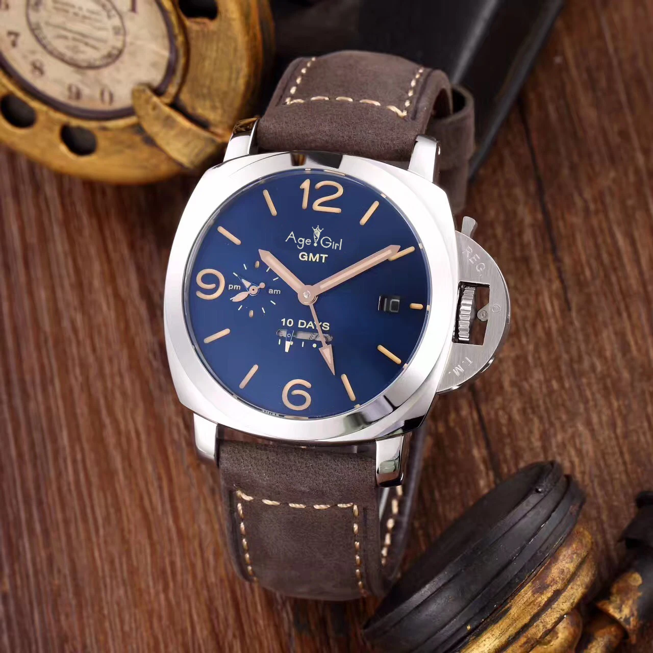 

Luxury New Men Automatic Mechanical Sapphire Stainless Steel GMT Watches Silver Black Leather Luminous 10 Days Watch AAA+