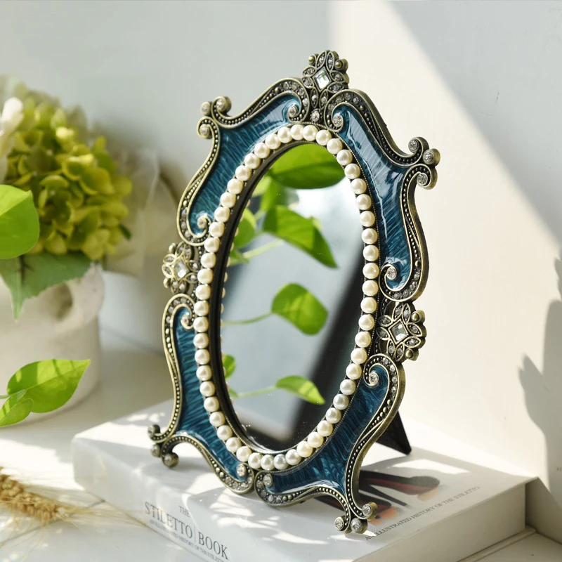 Античное Латунное синее жемчужное зеркало 4x6 дюймов овальное металлическое в
