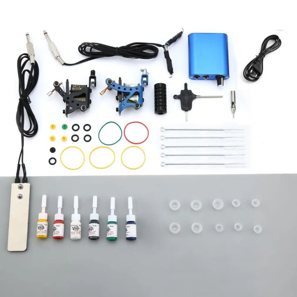Полный набор для татуировок 2 машинки начинающих 6 чернил иглы захваты лепестки