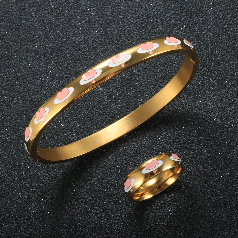 

High Quality Pink Love Heart Spaceship Shape Enamel Jewelry Sets Bracelet Bangle Cute Ring For Women Men Couples Party Gift New