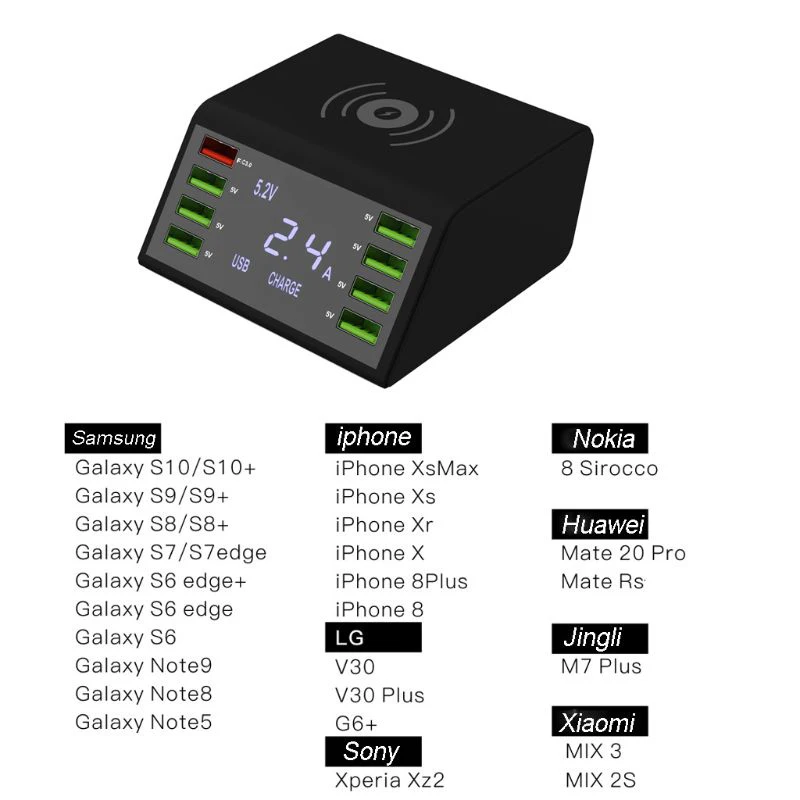 60 Вт USB Quick Зарядное устройство 8-Порты и разъёмы светодиодный Дисплей Быстрая зарядка 3,0 быстрая Зарядное устройство рабочего стола 10 Вт Беспроводная зарядная станция зарядка через usb паяльная станция