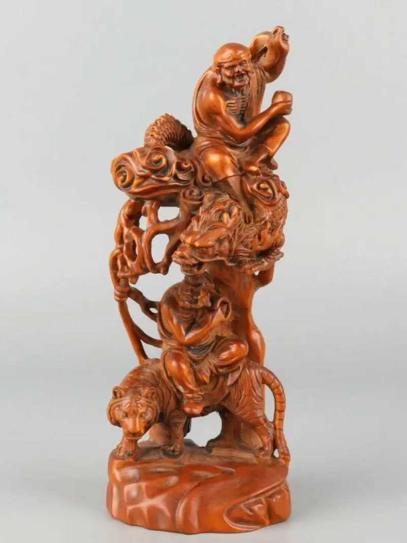 

Изысканная китайская резная статуя Luohan Dragon, tiger, из самшита