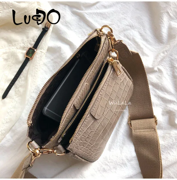 

vintage alligator women shoulder bag designer wide strap messenger bag ladies 3 bags set luxury chain pu leather crossbody bag