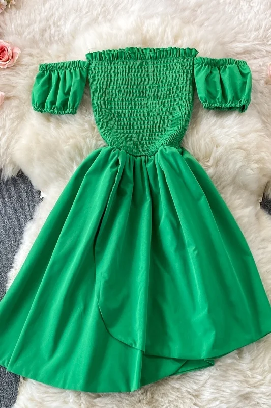 

Summer 2021 New French Slash Neck Irregular Dress Girl Waist Slim Strapless Dress Sexy Off Shoulder Short Sleeves Dresses