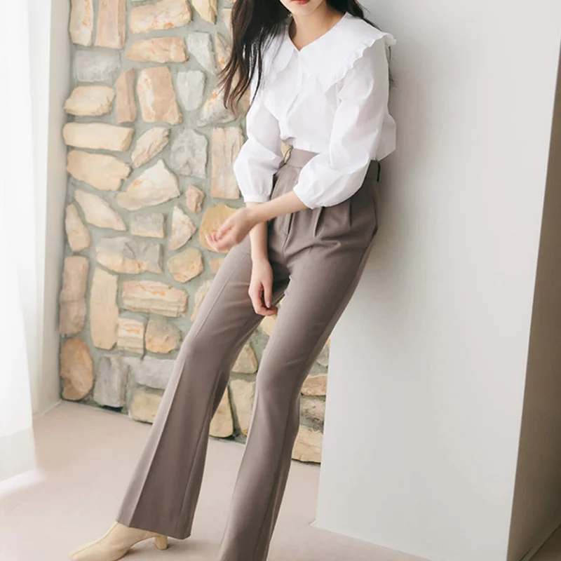 

Elegant Sweet Peter Pan Collar Women Shirts 2021 Spring New Long Sleeve Solid Blouses Kawaii Single Breasted Loose Female Tops