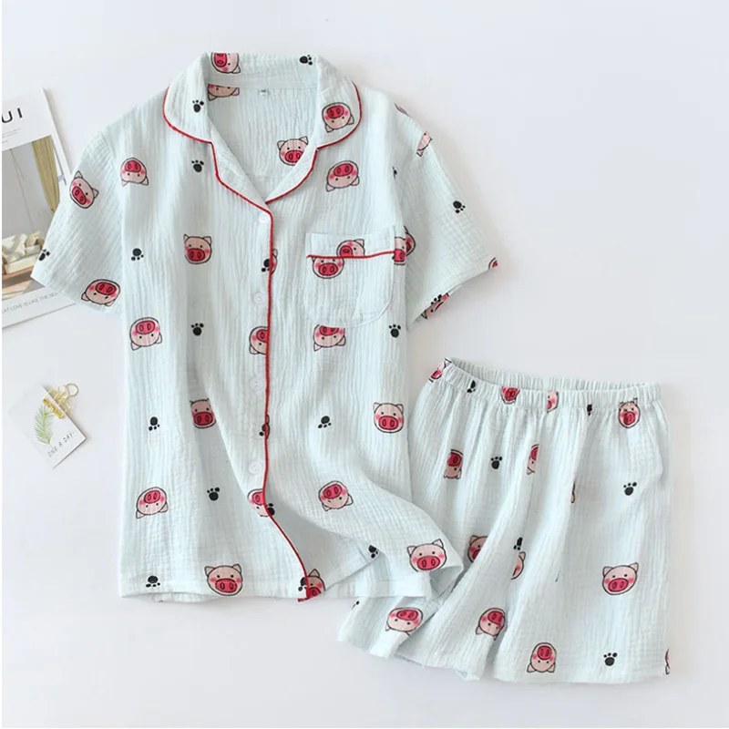 

Women Cute Cartoon Pajama Set Cotton Sleepwear Shirt And Shorts Pijama Turn Down Collar Homewear Nighty Girls Pyjamas XA167F