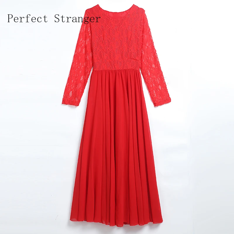 

2020 Autumn New Arrival Elegant Round Collar Lace Long Sleeve Women Chiffon Long Dress