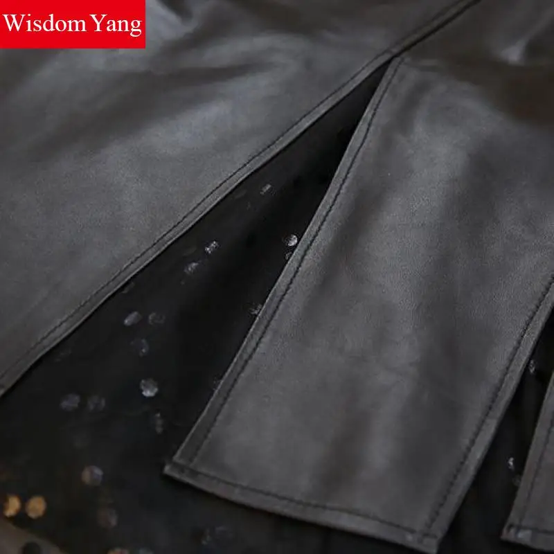 

Spring Autumn Real Genuine Leather Skirt High Waisted Black Midi Mermaid Skirts Womens Mesh Bodycon Sexy Party Wrap Clothes