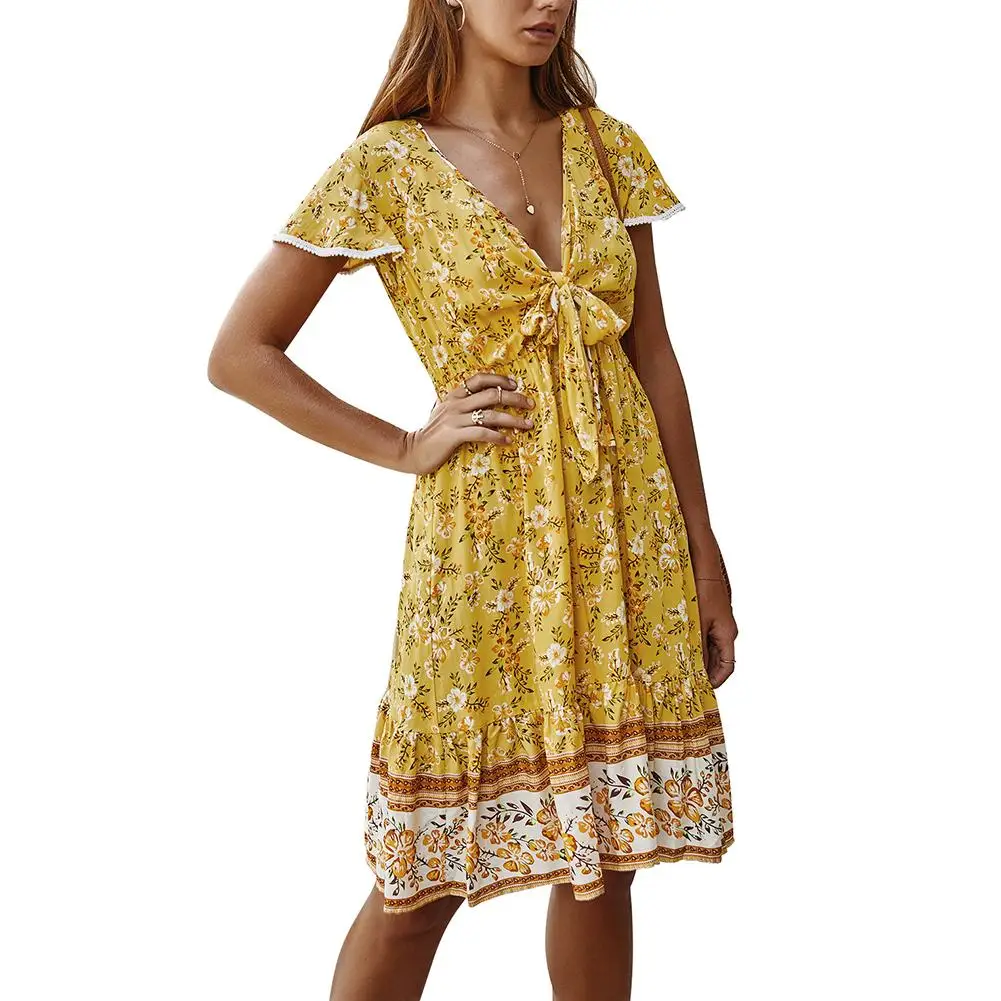 

Fashion Women Boho Short Sleeve Deep V Neck Chest Bandage Floral Print Knee-length Dress