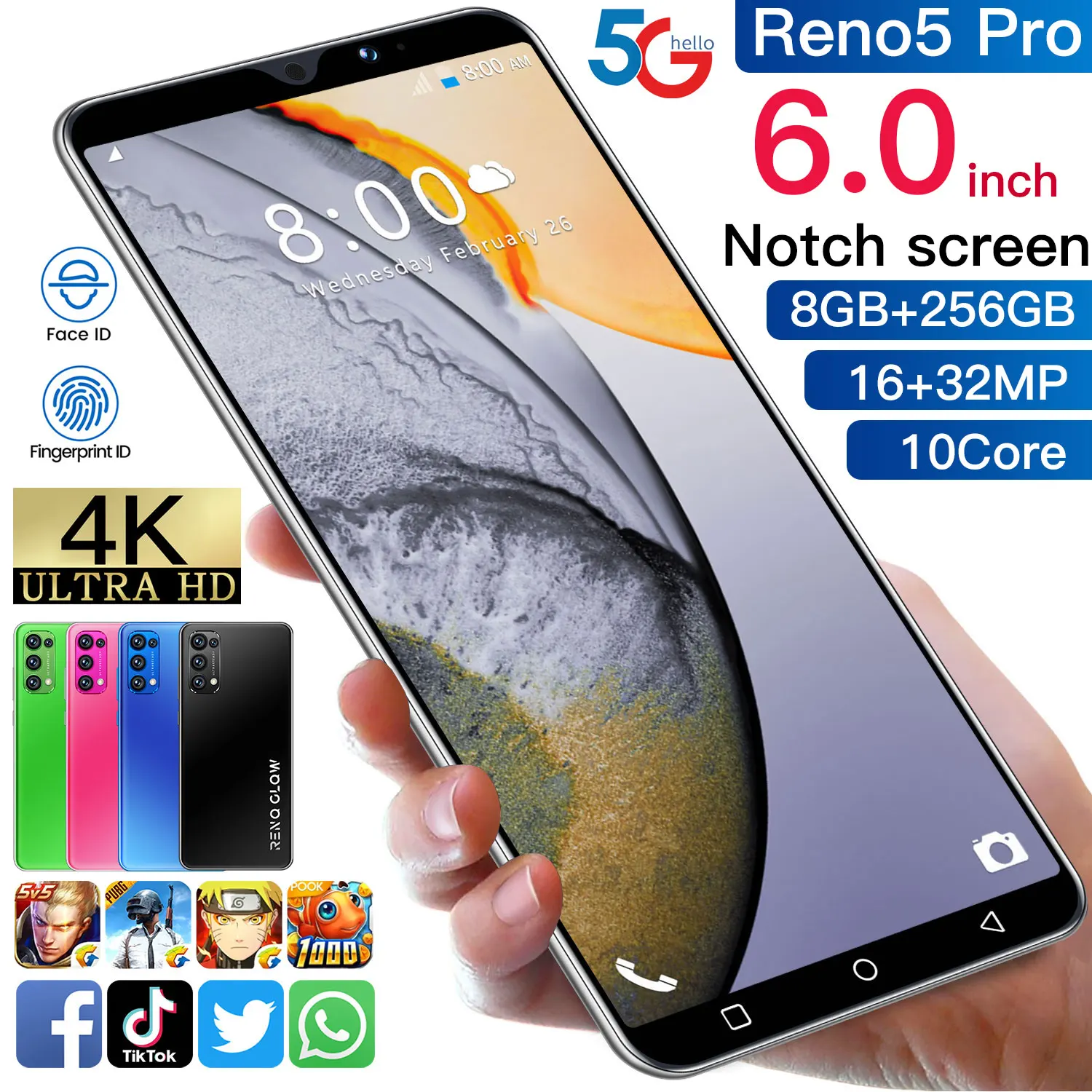 

New Arrival 2021 8GB RAM 256GB ROM 5G Smart Phone 6800mAh Battery 10 Core 16MP 32MP Camera Face Fingerprint Cell Phone MTK6889