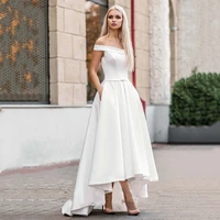 vintage front short long back wedding dress 2021 off shoulder boat neck satin short wedding gown custom made bridal gowns hot