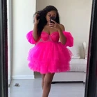 Горячее розовое Тюлевое мини-платье, сексуальная клубная одежда, короткие летние платья с открытыми плечами для женщин, недорогие пышные коктейльные платья
