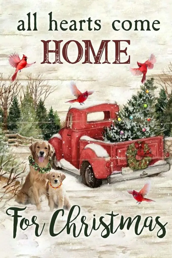 

All Hearts Come Home for Christmas Truck Golden Metal Tin Sign Art Holiday Decoration Outdoor & Indoor Sign Wall Decoration