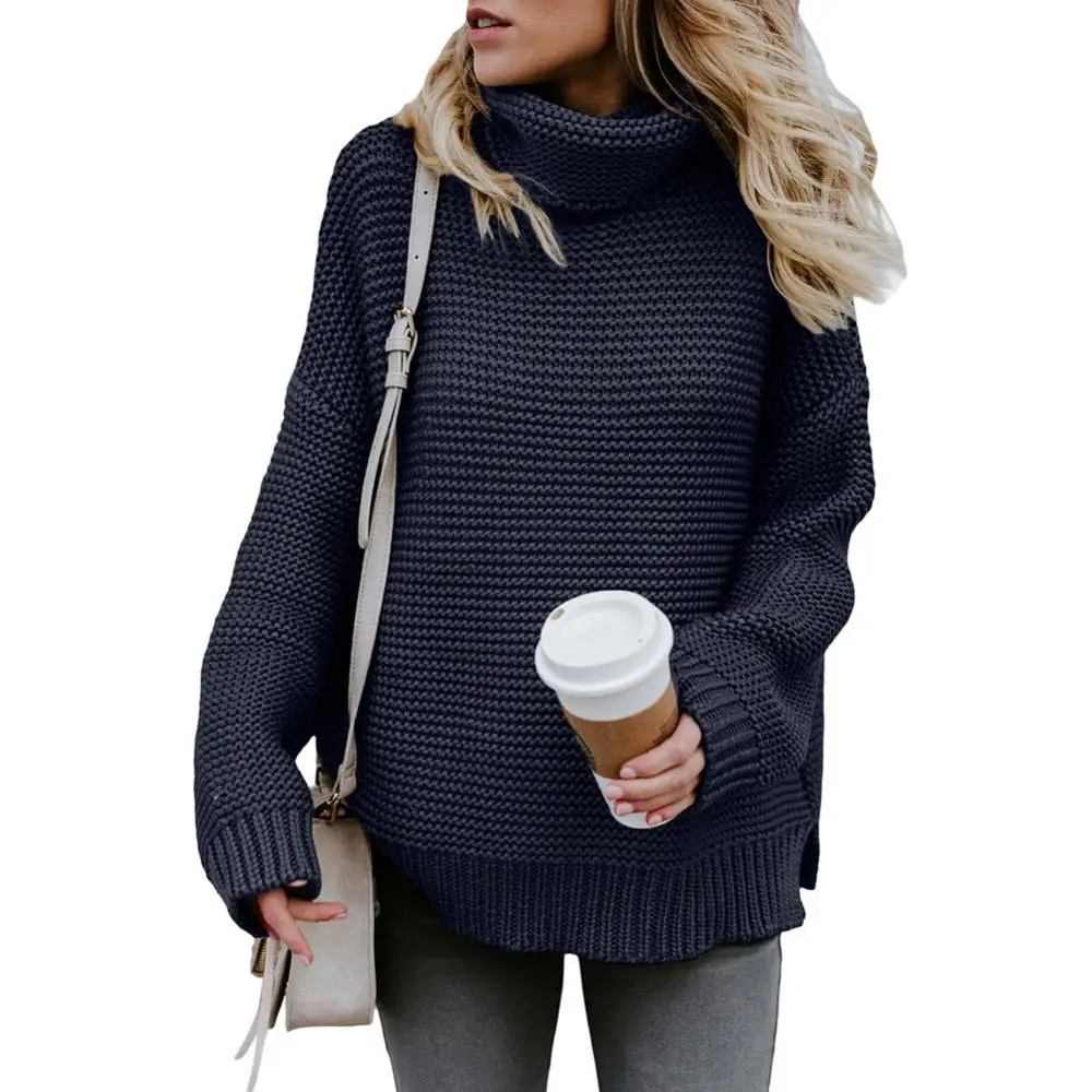

Winter New Arrival Solid Color Knitted Turtleneck Woman Full Sleeve Hem Slit Pullover Fashion Casual Mid-Length Sweater Lady Top