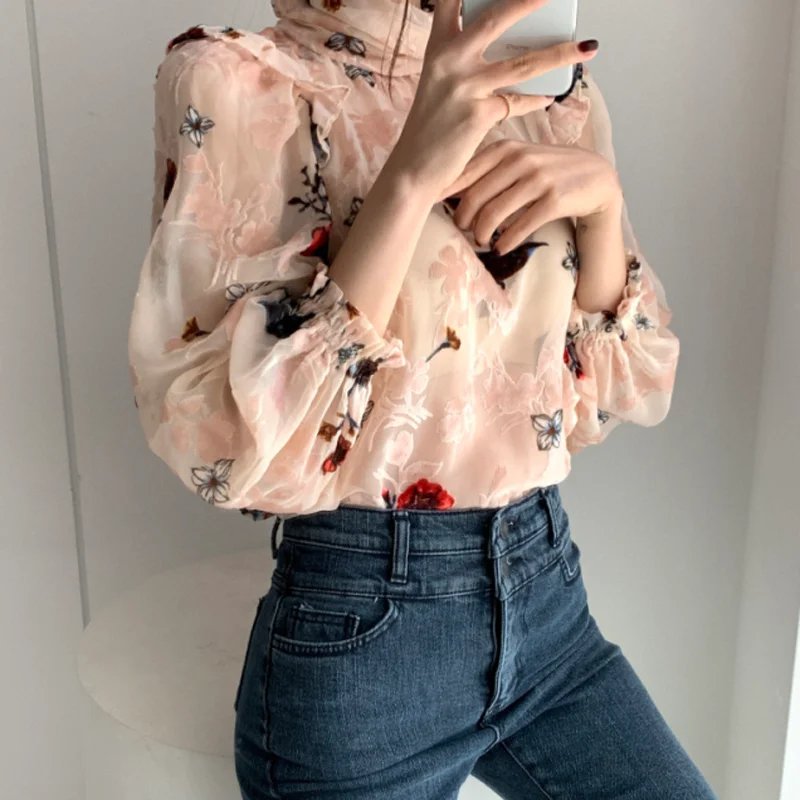 JMPRS роскошный цветок из флока женская блузка сексуальные полупрозрачные со
