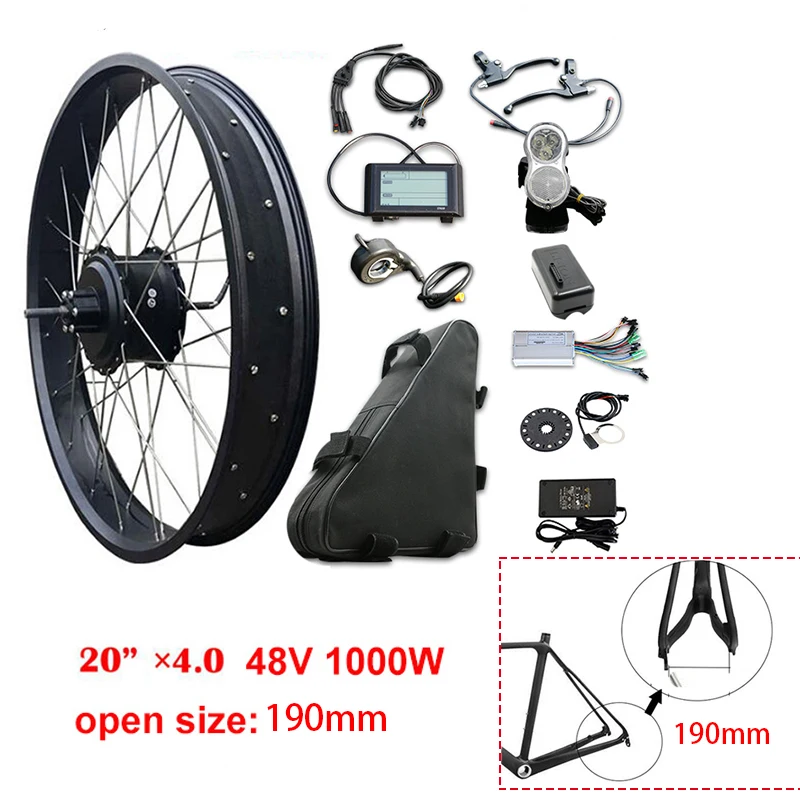 20inch 1000w 190mm Высокая Скорость 48V 1000W задний мотор для центрального движения комплект для переоборудования электрического велосипеда Байк, способный преодолевать Броды комплект с толстыми покрышками 2" 26" 4,0 мотор, фара для электровелосипеда в бесплатно - Цвет: 20inch 1000w 190mm