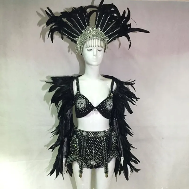 

Black feather stage costume set Rhinestones drag queen costumes Headdress Women Nightclub DJ Singer Costume Models Stage Wear