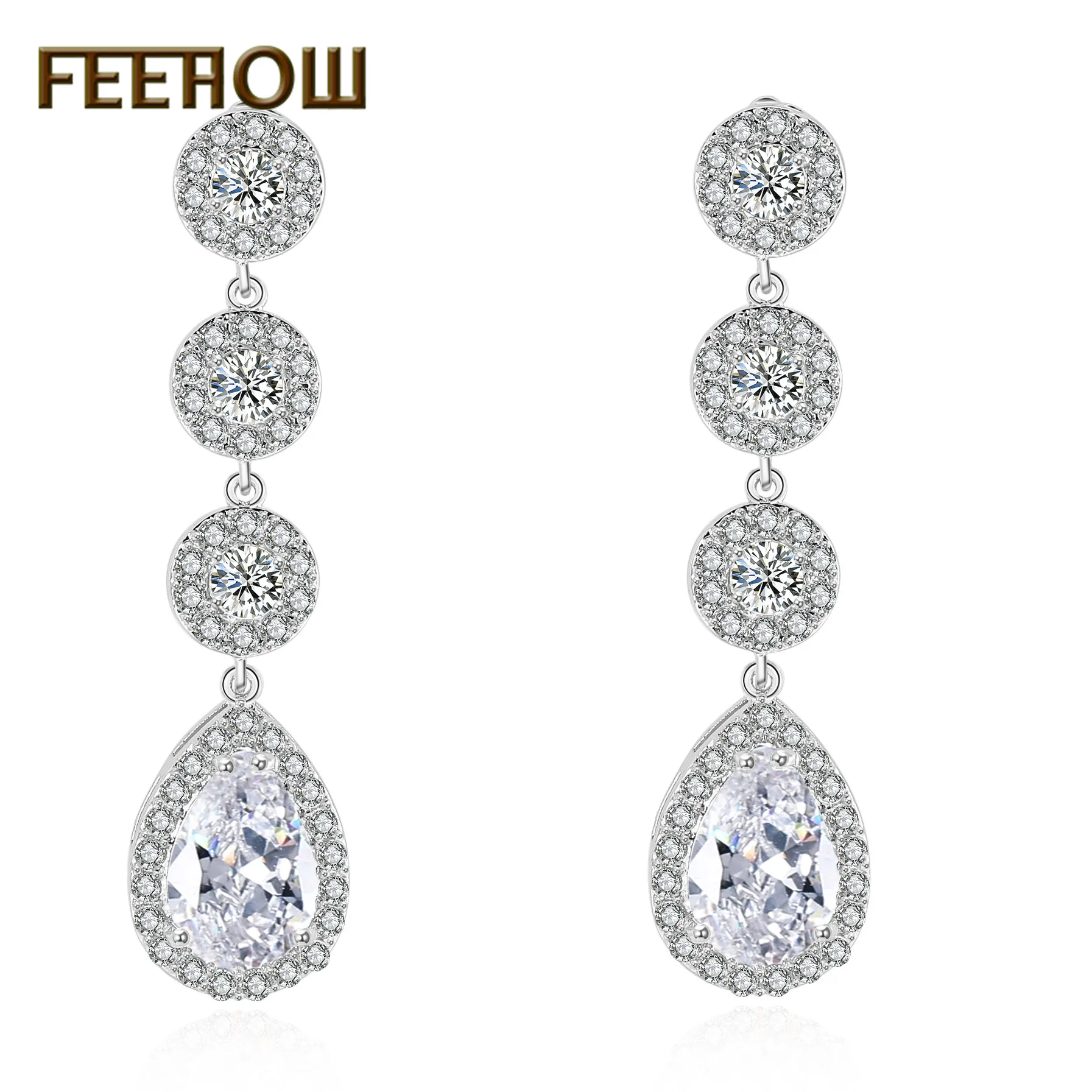 FEEHOW, классические, прозрачные, AAA, кубический циркон, капля воды, длинные, модные серьги-подвески для женщин, для свадьбы, ужина, вечерние, ювелирные изделия, FWEP2008