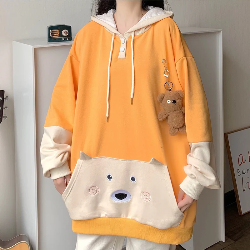 

Pure Cotton Bear Pattern Oversized Hoodie Women Korean Fashion Loose Bf Casual Pullover Thin Hooded Sweatshirts With A Doll