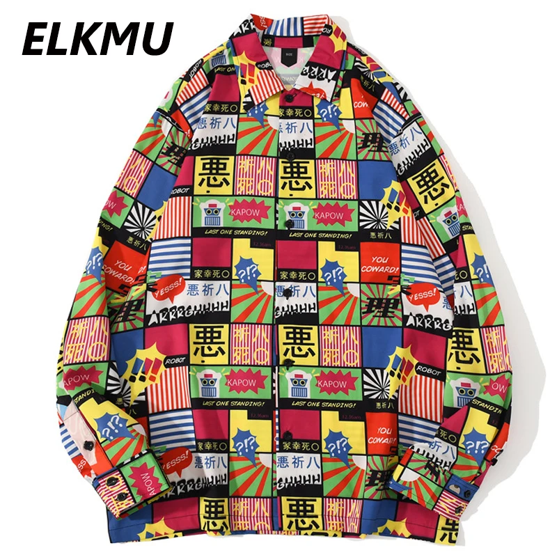 Уличная рубашка ELKMU в стиле хип хоп рубашки японском клетку с принтом граффити на