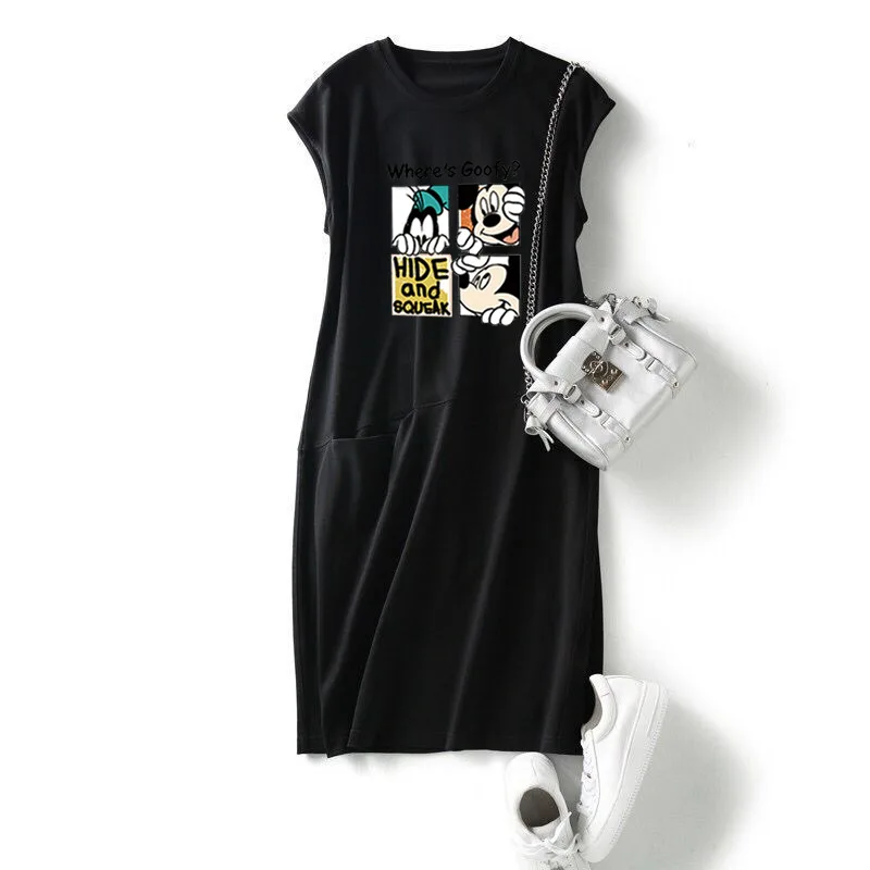 

Khaki Mickey Cartoon Dress Ladies Summer T-Shirt Dresses Minnie Short-Sleeved Robes Thin Printed Midi Skirt Vestidos Femme 2021