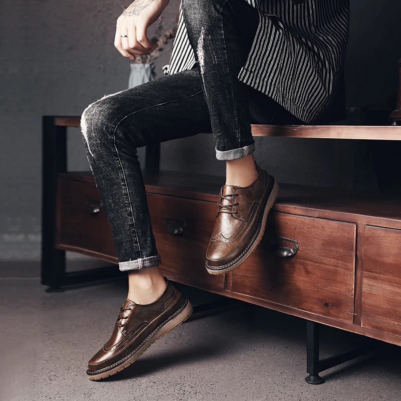 

Men Oxfords Leather Shoes fashion British Black Brown Shoes Handmade Comfortable outdoor Formal Men Flats Lace-Up shoes