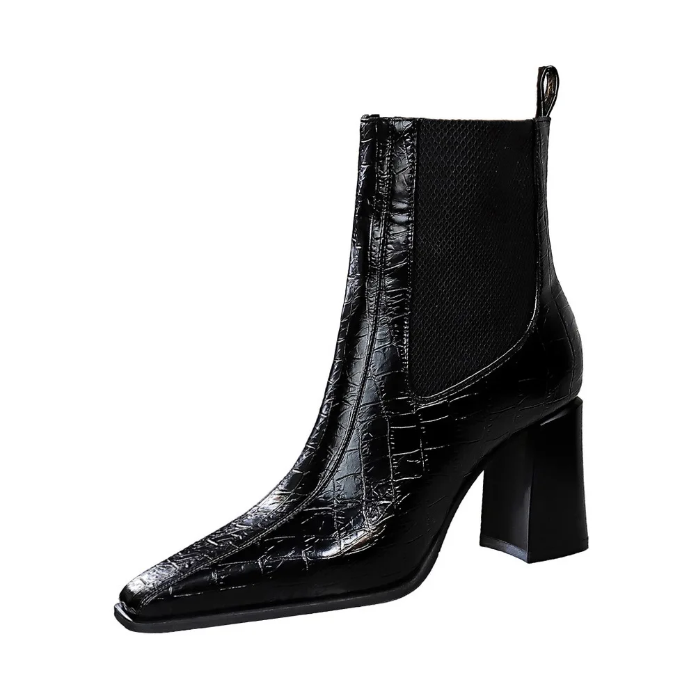 

European and American Fashion Sexy Nightclub Thick-heeled Super High-heeled Patent Leather Snake Print Short-tube Winter Boots
