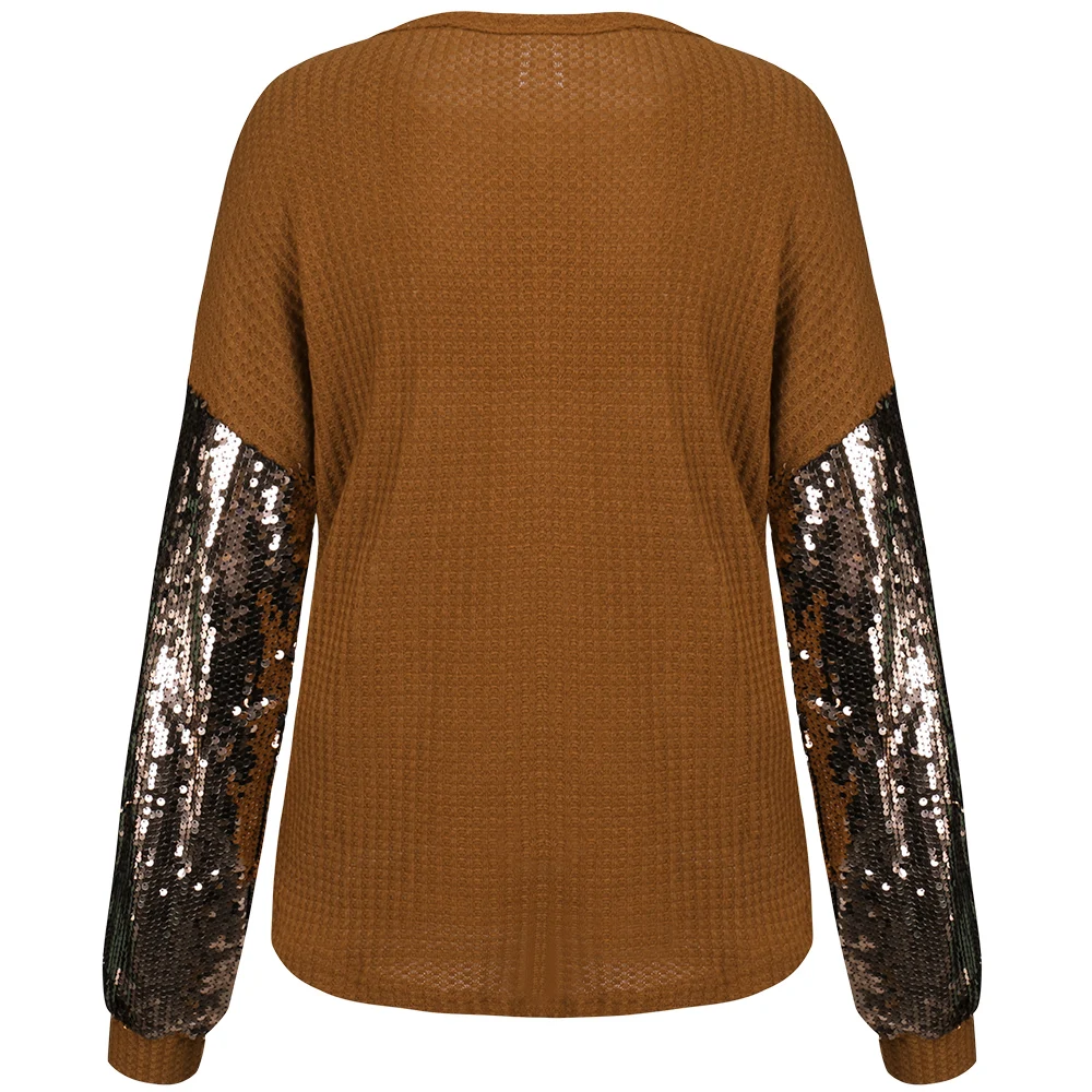 

2020 New Women Fashion Sequined Patchwork Sweaters Lady Spring Fall Casual Loose Long Sleeve O-Neck Knit Tops Pullovers