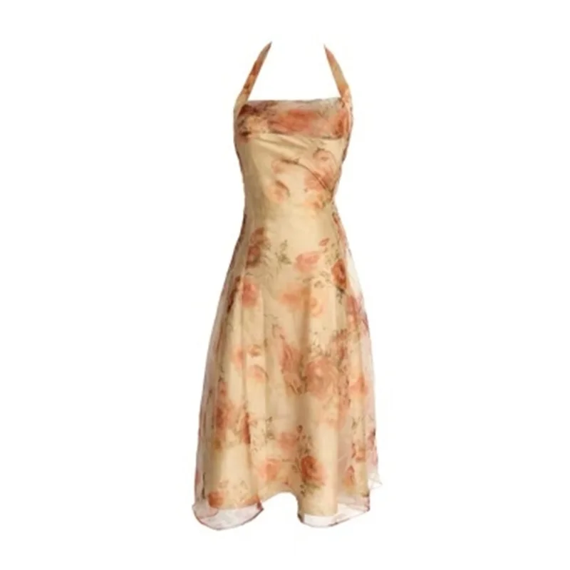 

Summer 2021 Woman Dress A-Line Vintage Dress Halter Chiffon Floral Dresses Sexy Dress Elegant Casual Party Dress Long Vestidos