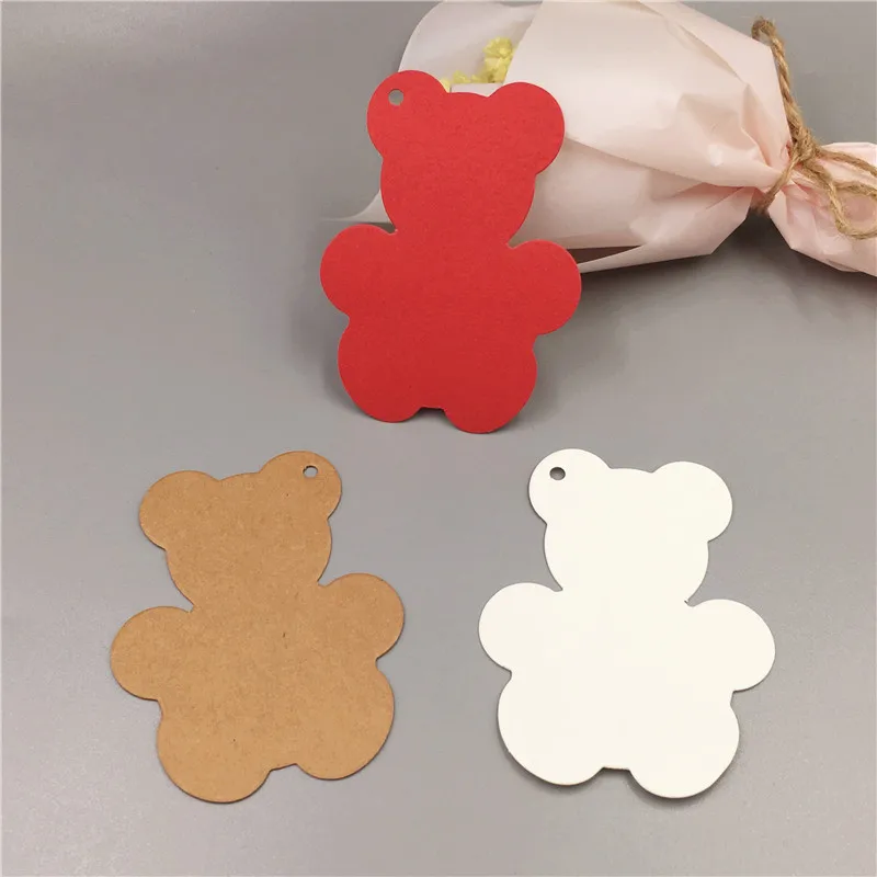 100 шт./лот трехцветные подвесные бирки из крафт-бумаги в форме милого медведя для