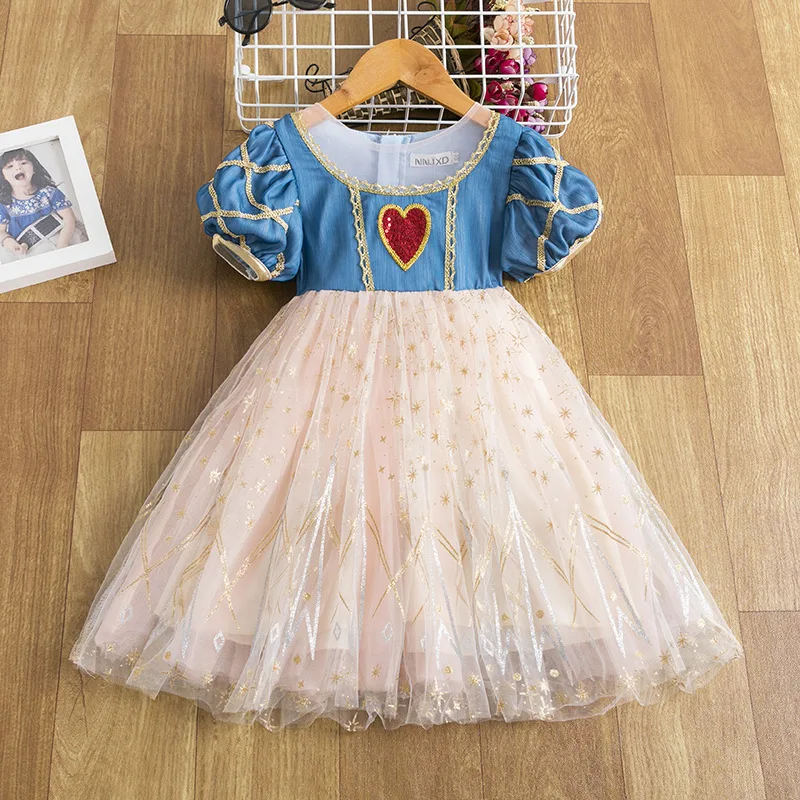 

27 детское платье для девочек летнее кружевное платье с короткими рукавами для детей из пряжи и тюля одежда принцессы с юбкой и блестками «лю...