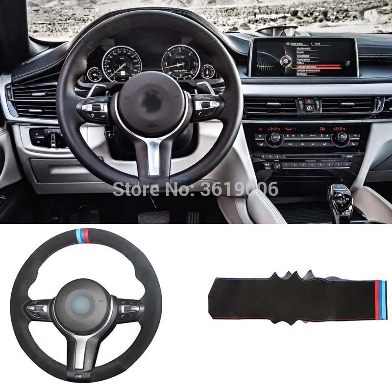 

smRKE DIY Steering Wheel Cover Black Suede Red Blue Thread Hand Sewing For BMW M6 F85 X5 F86 X6 M M2 M3 M4 M5 F33 428I E90 F30