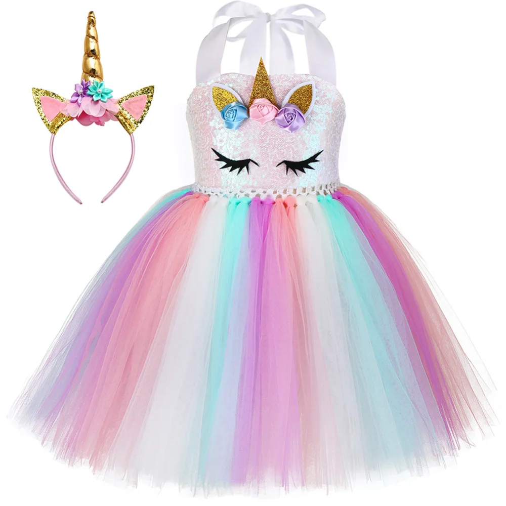 

Birthday Party Halloween Clothes Frock for Summer Kids Clothes Girls Princess Children Sequin Unicorn MeshTutu Dress + Headdres