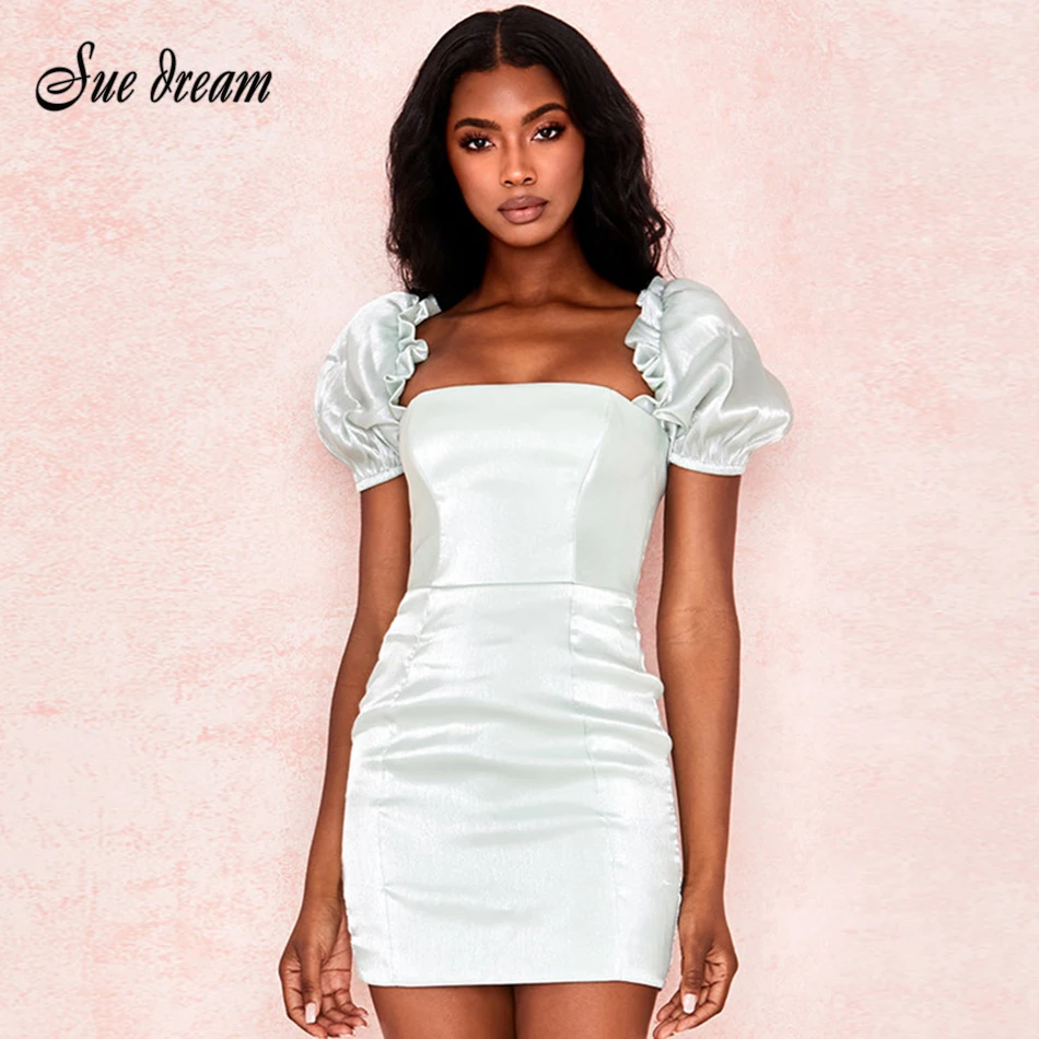 Женское мини платье с пышными рукавами облегающее Клубное вечернее лето