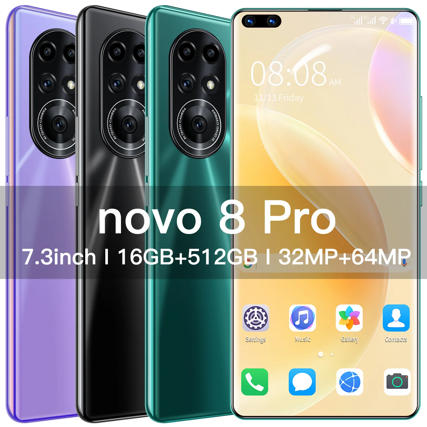 

Smartphone Novo 8 Pro Global Unlock HD 7.3" Full Screen 16GB 512GB Android 11.0 32+64MP Camera 6800mAh Big Battery Smart Phone