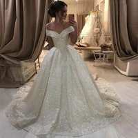 shiny ball gown wedding dress off the shoulder glitter tulle corset long chapel train bridal dresses custom vestidos de novia