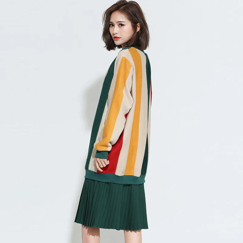 Женское платье в полоску с рукавами летучая мышь осенне-зимнее шерстяное