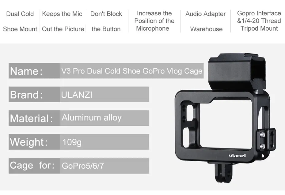 Ulanzi V3 Pro металлический Vlog чехол клетка для Gopro Hero черный 7 6 5 холодный чехол для обуви с батарея для микрофона адаптер микрофонный зажим для кабеля