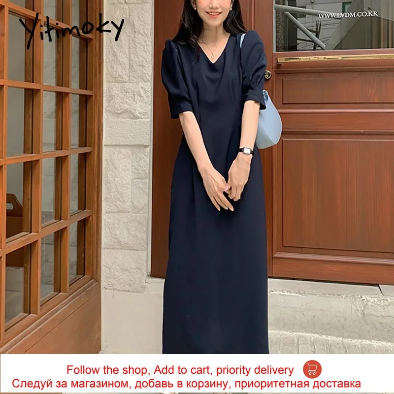 

Yitimoky Vintage Woman Dress V-Neck Puff Short Sleeve 2021 Summer Korean New High Waist Loose Simple Office Out Wear Dresses