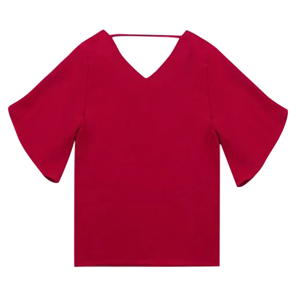 Шифоновая женская блузка с рукавом средней длины рубашка бабочкой однотонная v