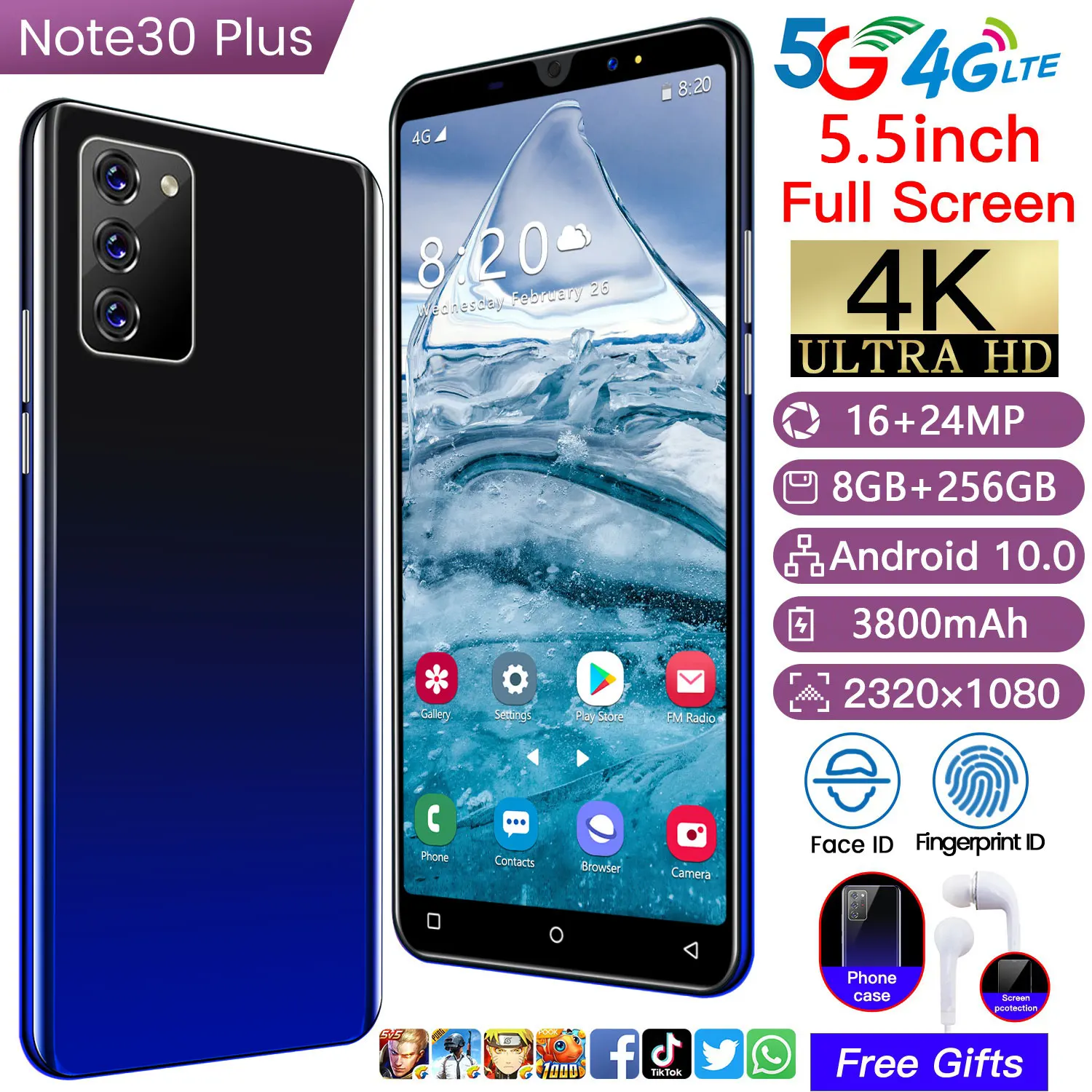 Além de Telefone Versão Global Galxy Inteligente 8 256gb Rosto Impressão Digital id Desbloquear Mtk6889 Barato 5.5 Polegada Andriod 10 Core Telefone Note30