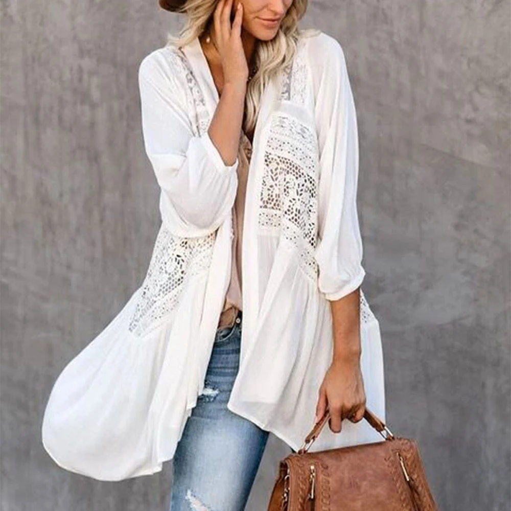 Женский шифоновый кардиган белый в стиле пэчворк с рукавом 3/4 и асимметричным