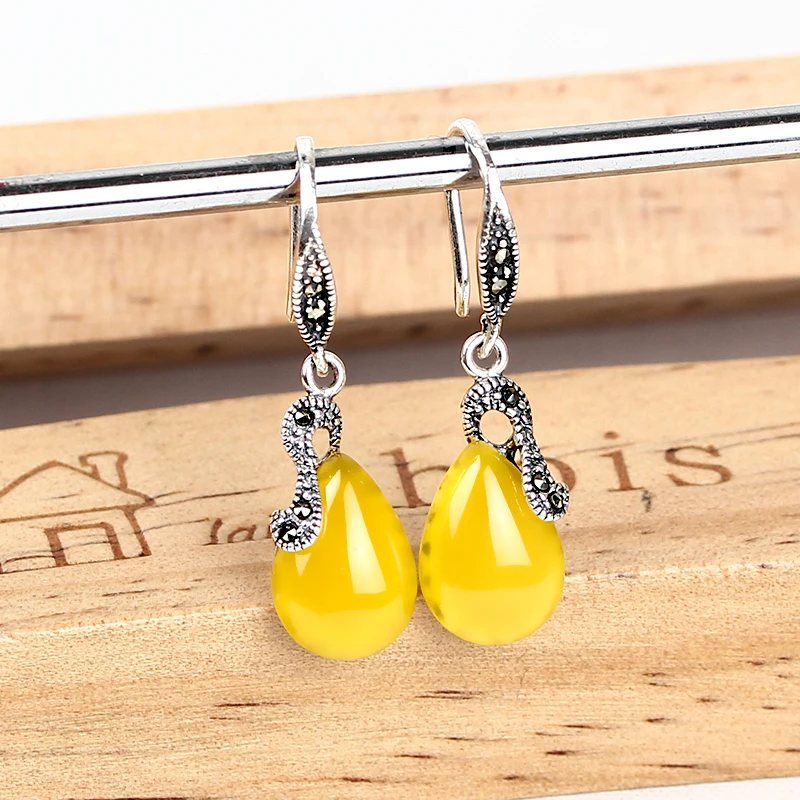 Серьги подвески женские из серебра 100% пробы с халцедоном и