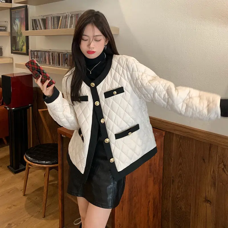 

Women Spring Fall New Cotton Padded Coat Patchwork O-Neck Single Breasted Outwear Korean Casual Parkas Elegant Vintage Overcoats