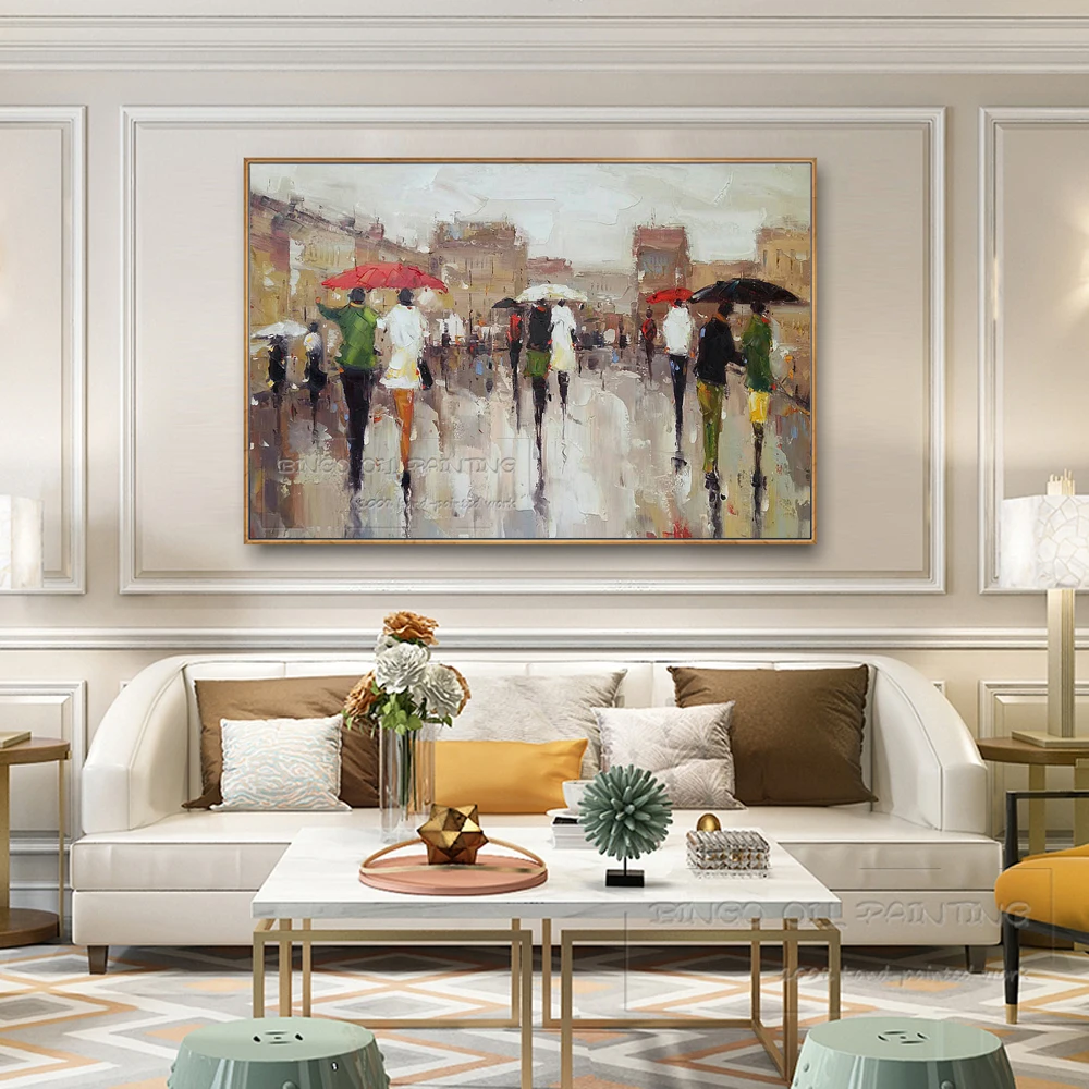 Дешевая цена ручная роспись абстрактные уличные прогулки люди масляная живопись